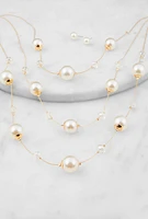 Womens Faux Pearl Layered Necklace and Earrings Set, Gold