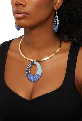 Womens Denim Pendant Collar Necklace and Drop Earrings, Blue