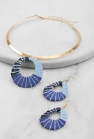 Womens Denim Pendant Collar Necklace and Drop Earrings, Blue