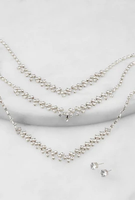 Womens Rhinestone Layered Necklace and Earrings Set, Silver