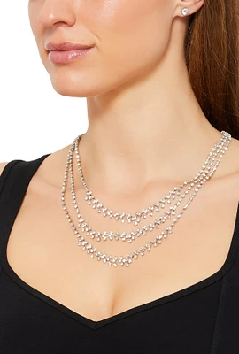 Womens Rhinestone Layered Necklace and Earrings Set, Silver