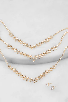 Womens Rhinestone Layered Necklace and Earrings Set, Gold