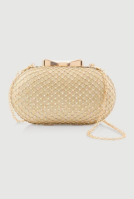 Womens Metallic Rhinestone Oval Clutch Bag, Gold