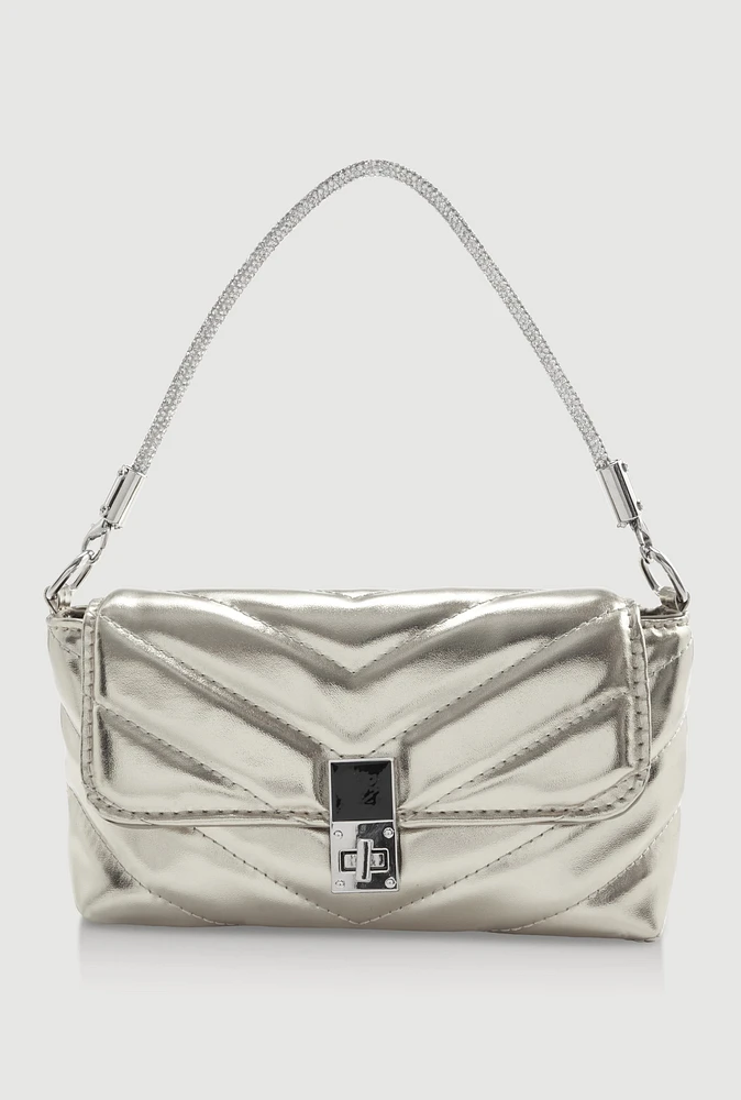 Womens Chevron Quilted Convertible Handbag, Silver
