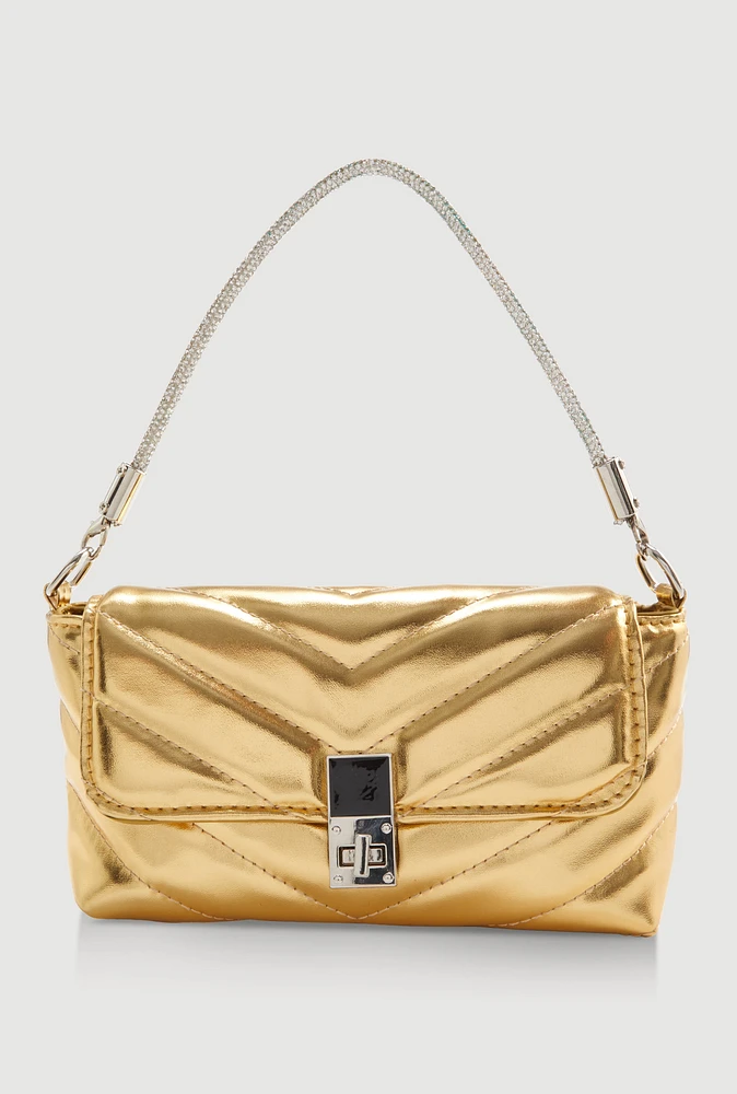 Womens Chevron Quilted Convertible Handbag, Gold