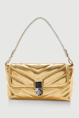 Womens Chevron Quilted Convertible Handbag, Gold