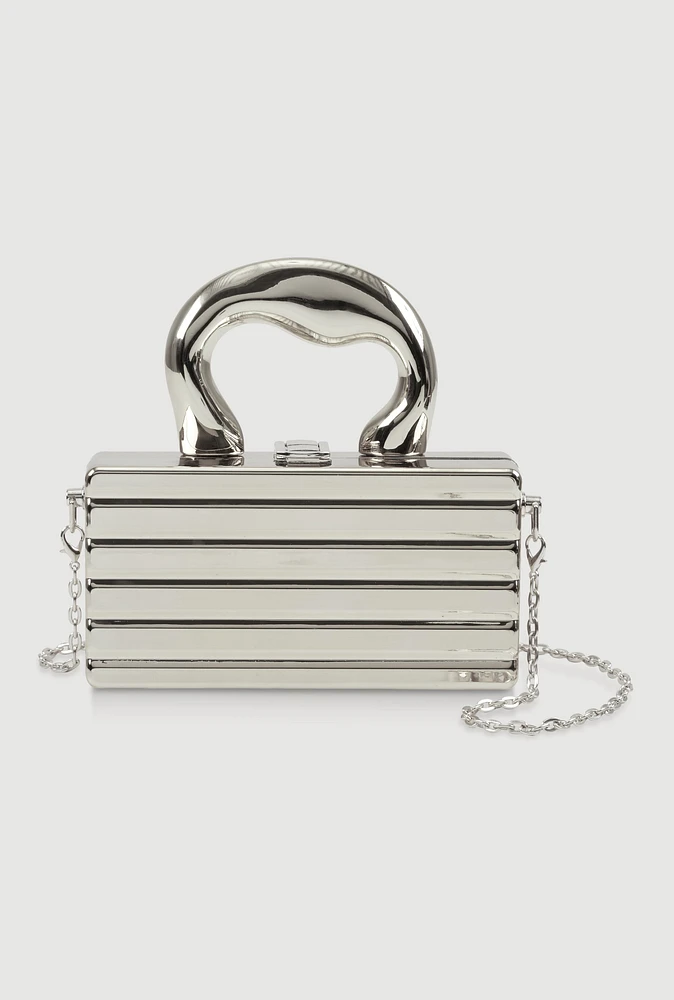 Womens Ribbed Metallic Hard Shell Clutch Purse, Silver