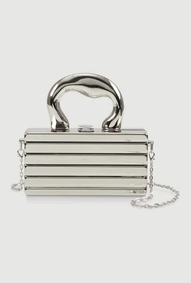 Womens Ribbed Metallic Hard Shell Clutch Purse, Silver