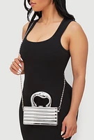 Womens Ribbed Metallic Hard Shell Clutch Purse, Silver