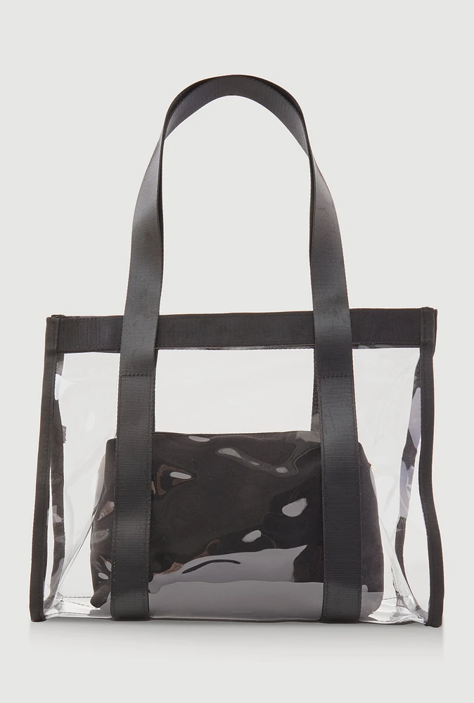 Womens Contrast Trim Clear Tote Bag with Pouch, Black
