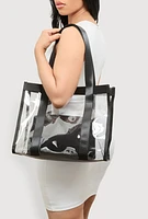 Womens Contrast Trim Clear Tote Bag with Pouch, Black