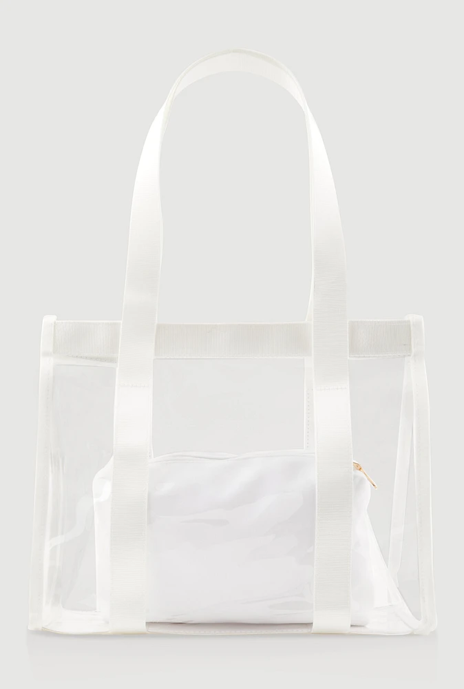 Womens Contrast Trim Clear Tote Bag with Pouch, White