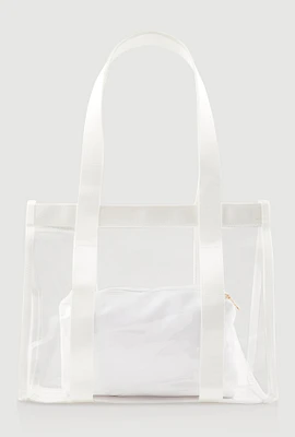 Womens Contrast Trim Clear Tote Bag with Pouch, White