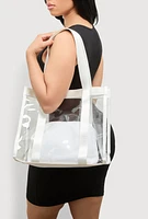 Womens Contrast Trim Clear Tote Bag with Pouch, White