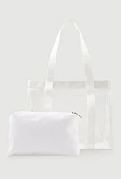 Womens Contrast Trim Clear Tote Bag with Pouch, White