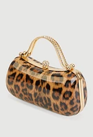 Womens Rhinestone Top Handle Leopard Print Purse, Brown