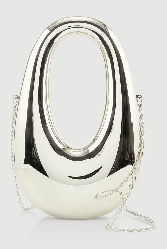 Womens Oval Metallic Handbag, Silver