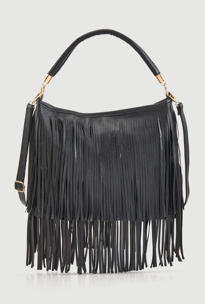 Womens Faux Leather Fringe Crossbody Hobo Handbag, Black