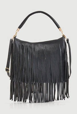 Womens Faux Leather Fringe Crossbody Hobo Handbag, Black