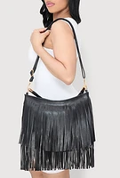 Womens Faux Leather Fringe Crossbody Hobo Handbag, Black