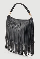 Womens Faux Leather Fringe Crossbody Hobo Handbag, Black