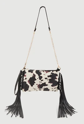 Womens Cow Print Fringe Crossbody Clutch Bag, Multi