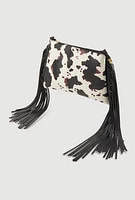 Womens Cow Print Fringe Crossbody Clutch Bag, Multi