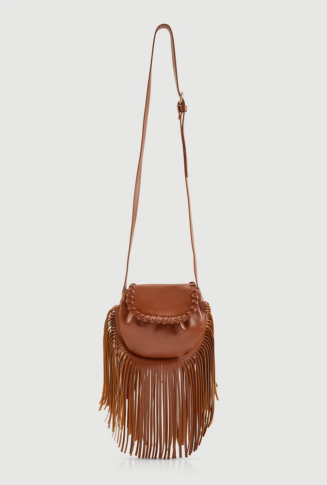 Womens Decorative Stitch Flap Fringe Crossbody Bag, Brown