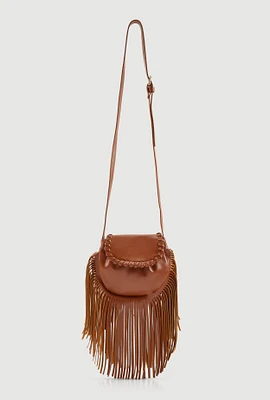 Womens Decorative Stitch Flap Fringe Crossbody Bag, Brown