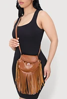 Womens Decorative Stitch Flap Fringe Crossbody Bag, Brown