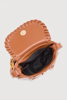 Womens Decorative Stitch Flap Fringe Crossbody Bag, Brown