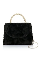 Womens Rhinestone Handle Faux Fur Handbag, Black