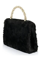 Womens Rhinestone Handle Faux Fur Handbag, Black