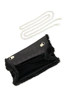 Womens Rhinestone Handle Faux Fur Handbag, Black