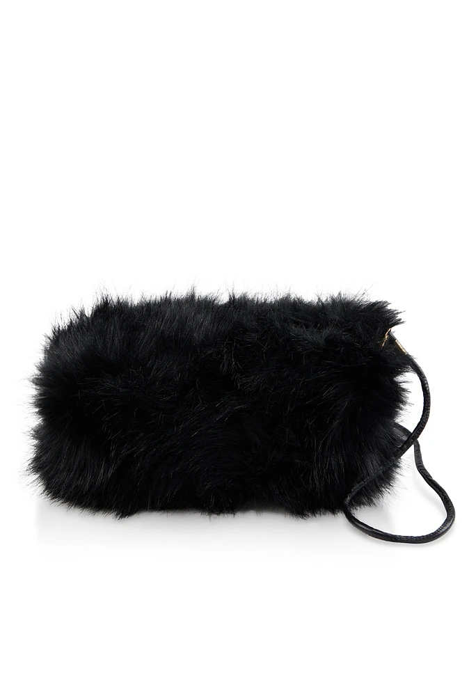 Womens Faux Fur Hand Muff Crossbody Bag, Black