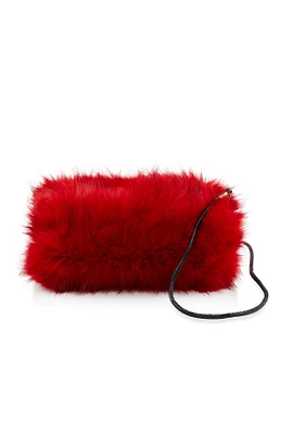Womens Faux Fur Hand Muff Crossbody Bag, Red