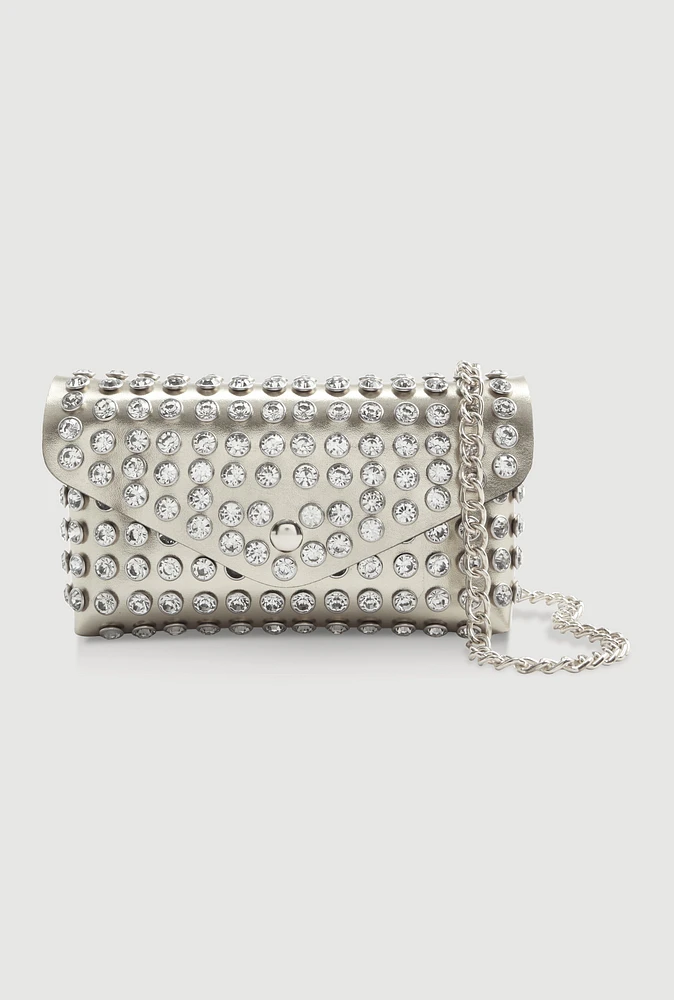 Womens Rhinestone Studded Mini Envelope Crossbody Bag, Silver