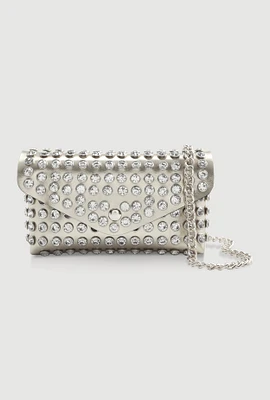 Womens Rhinestone Studded Mini Envelope Crossbody Bag, Silver