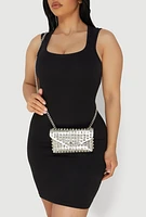 Womens Rhinestone Studded Mini Envelope Crossbody Bag, Silver
