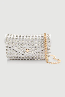 Womens Rhinestone Studded Mini Envelope Crossbody Bag, White