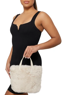 Womens Faux Fur Tote Bag, Beige