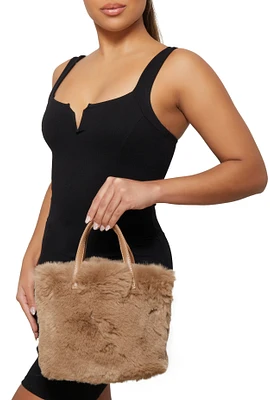 Womens Faux Fur Tote Bag, Brown