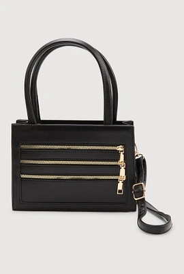 Womens Triple Zipper Detail Convertible Handbag, Black