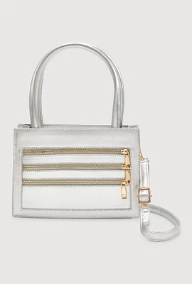 Womens Triple Zipper Detail Convertible Handbag, Silver