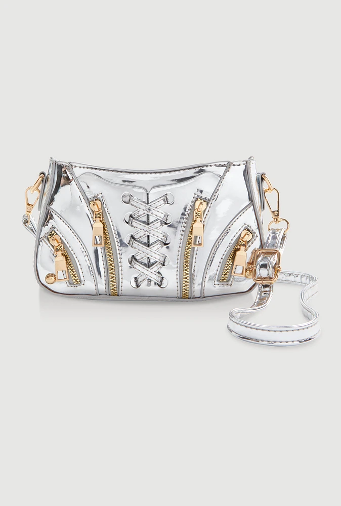 Womens Lace Up Detail Crossbody Bag, Silver