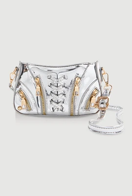 Womens Lace Up Detail Crossbody Bag, Silver