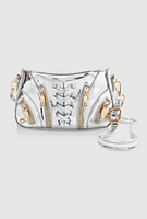 Womens Lace Up Detail Crossbody Bag, Silver
