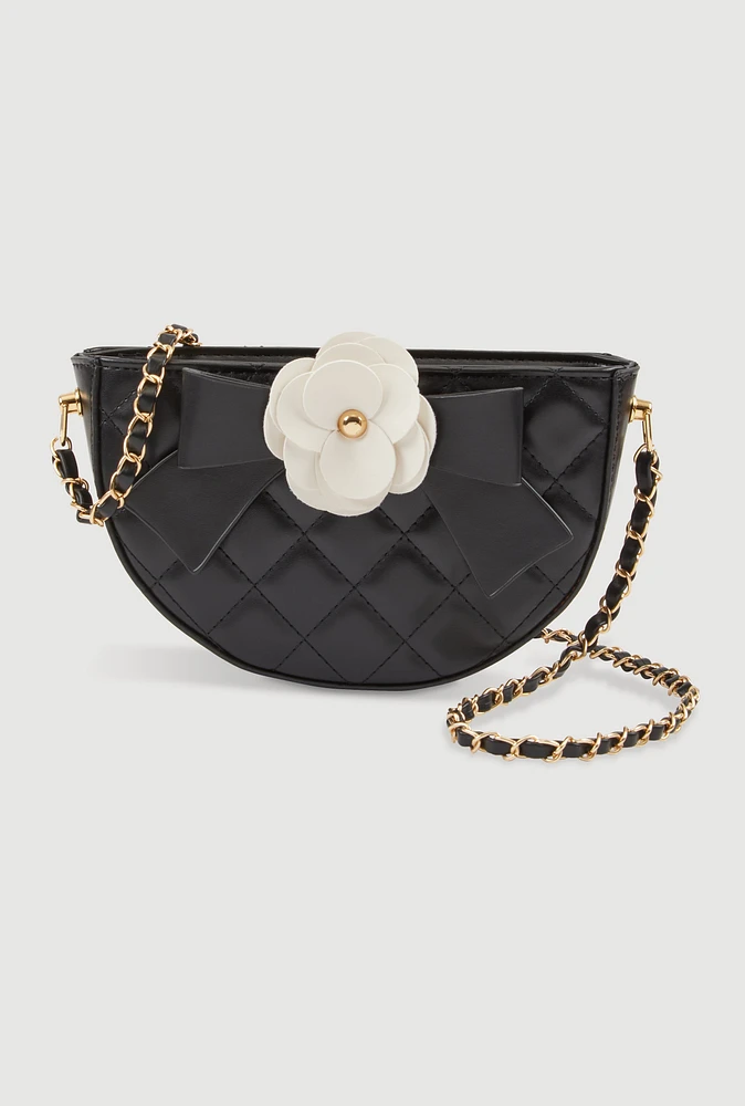 Womens Flower Bow Detail Quilted Crossbody Bag, Black