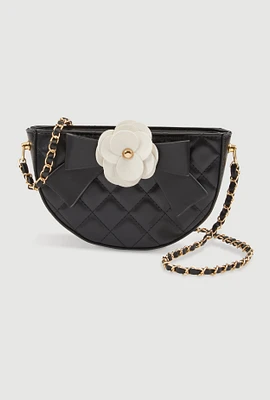 Womens Flower Bow Detail Quilted Crossbody Bag, Black