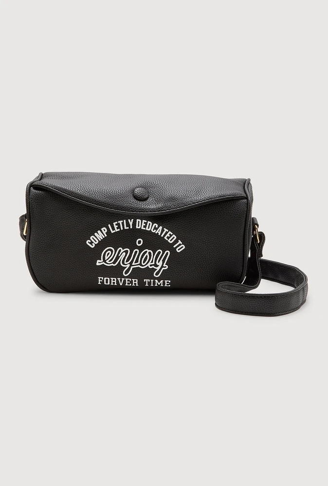 Womens Enjoy Graphic Faux Leather Half Moon Crossbody Bag, Black
